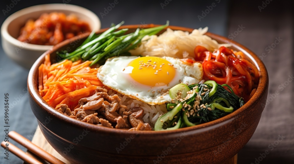 Traditional Korean dish- bibimbap: rice with vegetables and beef. Generative AI Traditional Korean dish- bibimbap: rice with vegetables and beef. Generative AI