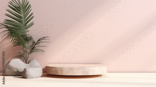 Pastel Pink and Beige Backdrop with Concrete Stone Step Up Podium - Product Mock Up and Display for Cosmetic  Beauty  and Tech Products - Background with Palm Leaves - Generative AI