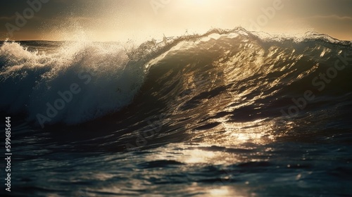 Beautiful seascape. ocean waves at sunset. Ocean waves at sunset. Generative AI. 