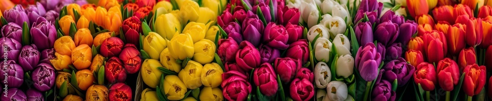 Naklejka premium illustration,colorful tulips website header, generative ai