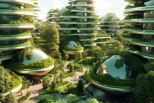Eco Friendly futuristic city with large glass doem ceilings and plants