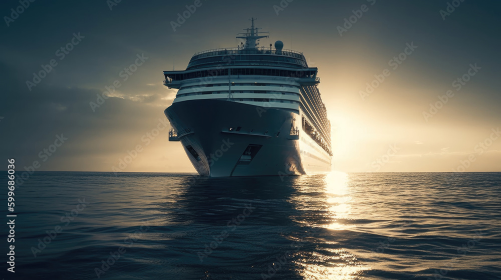 Cruise ship in the sea. 3d rendering. Sunset. Generative AI. Cruise ship in the sea. 3d rendering. Sunset. Generative AI.