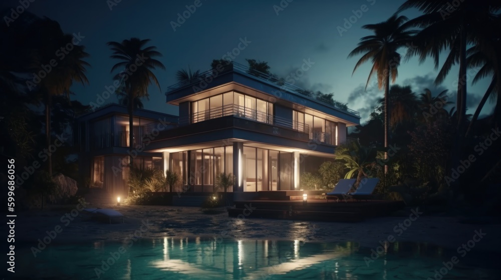 3d render of modern house on the beach with swimming pool. Generative AI.	