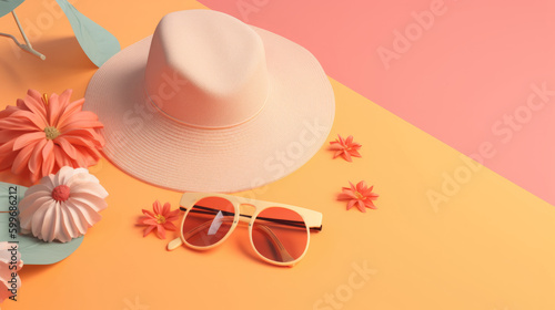 Summer composition with hat and sunglasses on color background, top view. Illustration. Generative AI.