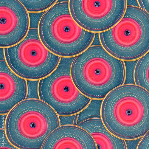 A repeating pattern of interlocking circles in shades of pink and orange5  Generative AI