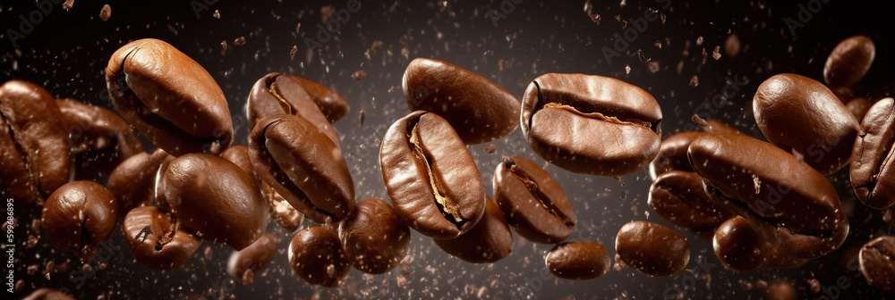 Flying coffee beans background. Close-up brown coffee beans banner. generative ai. Closeup coffee grains background Flying coffee beans background. Close-up brown coffee beans banner. generative ai. Closeup coffee grains background