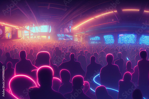 A huge crowded disco party in a nightclub. Disco. generative ai. Nightclub. Big party