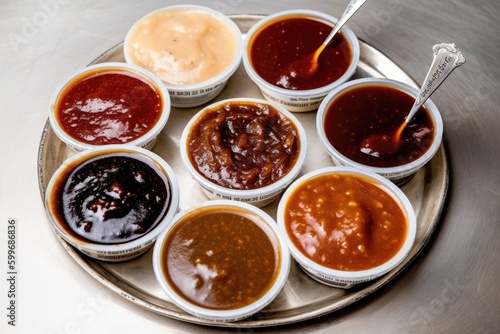 barbecue sauce sampler, featuring a variety of sweet, tangy, and spicy sauces to complement any barbecue dish, perfect for experimenting with different flavor combinations - Generative AI