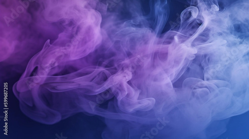 Colorful smoke. Mysterious storm sky. Mist floating. Blue purple glowing fog cloud wave abstract art background with free space. Generative AI