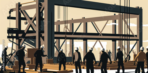 An illustration of construction workers building an imposing metal frame. Earthy colors give a sense of rootedness and strength. Generative AI photo