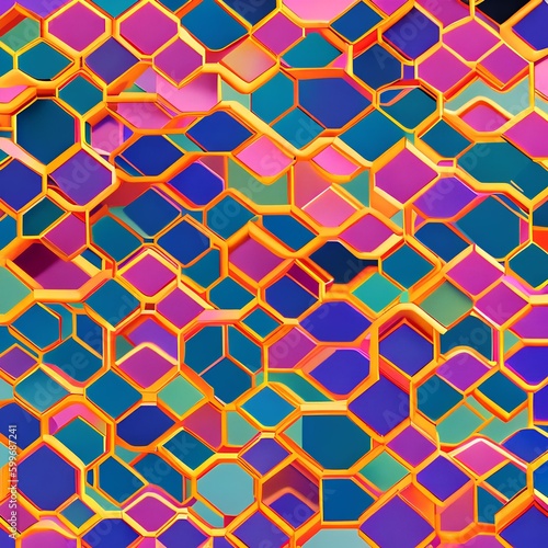 A kaleidoscopic pattern of overlapping hexagons in shades of pink and orange4, Generative AI photo