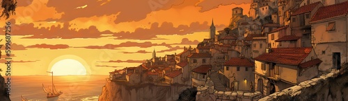 illustration, portugal landscape at sunset, website header, generative ai