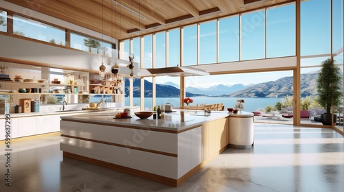 a large open kitchen with a view of the water