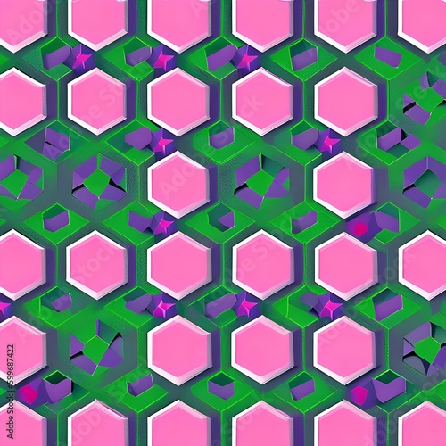 A repeating pattern of pentagons in shades of purple and pink, forming a floral design5, Generative AI photo