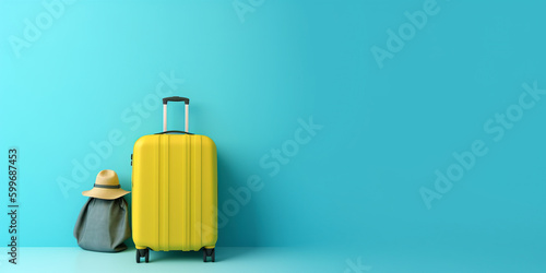 Travel banner. Vacation, holiday, travel concept generative ai background. Traveller suitcase minimalistic background with copy space