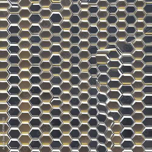 A repeating pattern of hexagons and circles in shades of silver and gold1, Generative AI photo