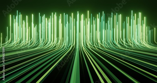 Green and yellow abstract dynamic light lines technology front perspective background. 3d rendering.