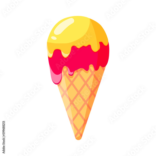 Ice cream in a waffle cone. Icecream in pink and yellow colors isolated on white background idea for a poster, postcard, t-shirt.