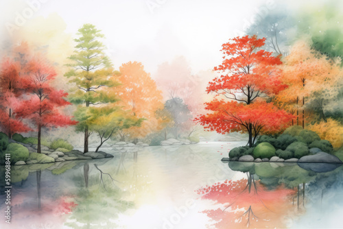 Watercolour pencil illustration of a serene Japanese zen garden with maple trees surrounding a small pond. Generative AI