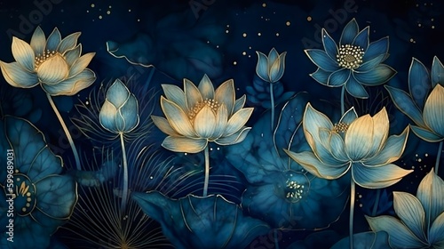 Fototapeta Naklejka Na Ścianę i Meble -  beautiful lotus water lily flower wallpaper, gold on dark blue background, banner, mural art, watercolor illustration with some sparkle and glitter. Generative AI