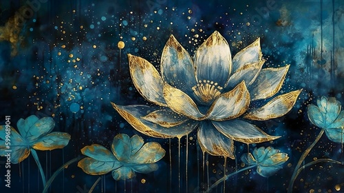 beautiful lotus water lily flower wallpaper, gold on dark blue background, banner, mural art, watercolor illustration with some sparkle and glitter. Generative AI