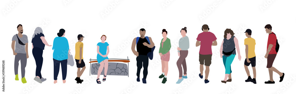 Obraz premium Set of flat vector drawings of people. Silhouette images of women and men of different ages in different poses. City infographics