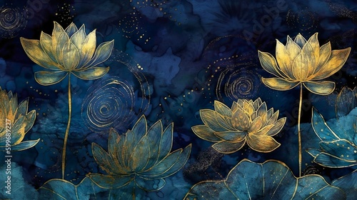 Fototapeta Naklejka Na Ścianę i Meble -  water lily, lotus flower wallpaper, gold on dark blue background, banner, mural art, watercolor illustration with some sparkle and glitter. Generative AI