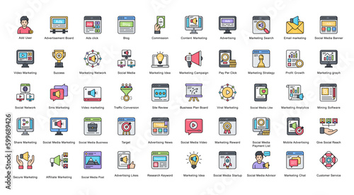 Social Media Marketing Color Line Iconset Advertising Filled Outline Icon Bundle 
