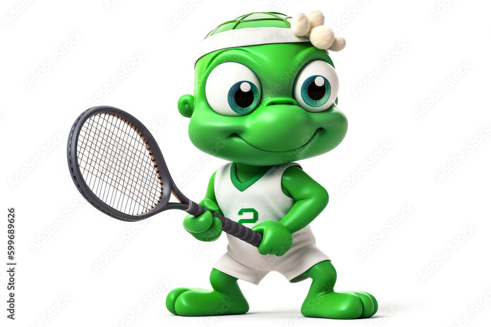 Obraz premium A cute green turtle with a shell, wearing a polo shirt and playing tennis on a white background. The image could be used to encourage sports activities or to entertain. Generative AI
