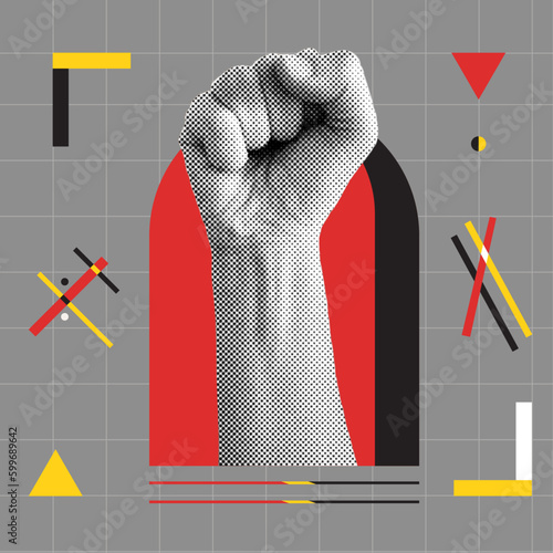 Collage with an image of a hand is symbol of fighting. Vintage vector illustration with dot pop art. Isolated grey background. Bauhaus and constructivism geometric styles photo