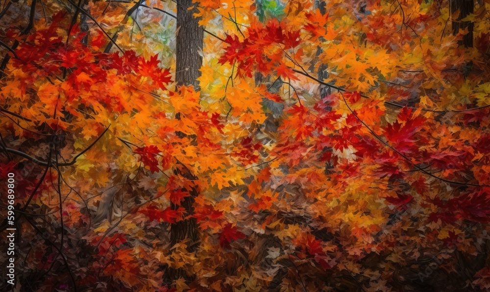  a painting of a forest with lots of leaves on it.  generative ai