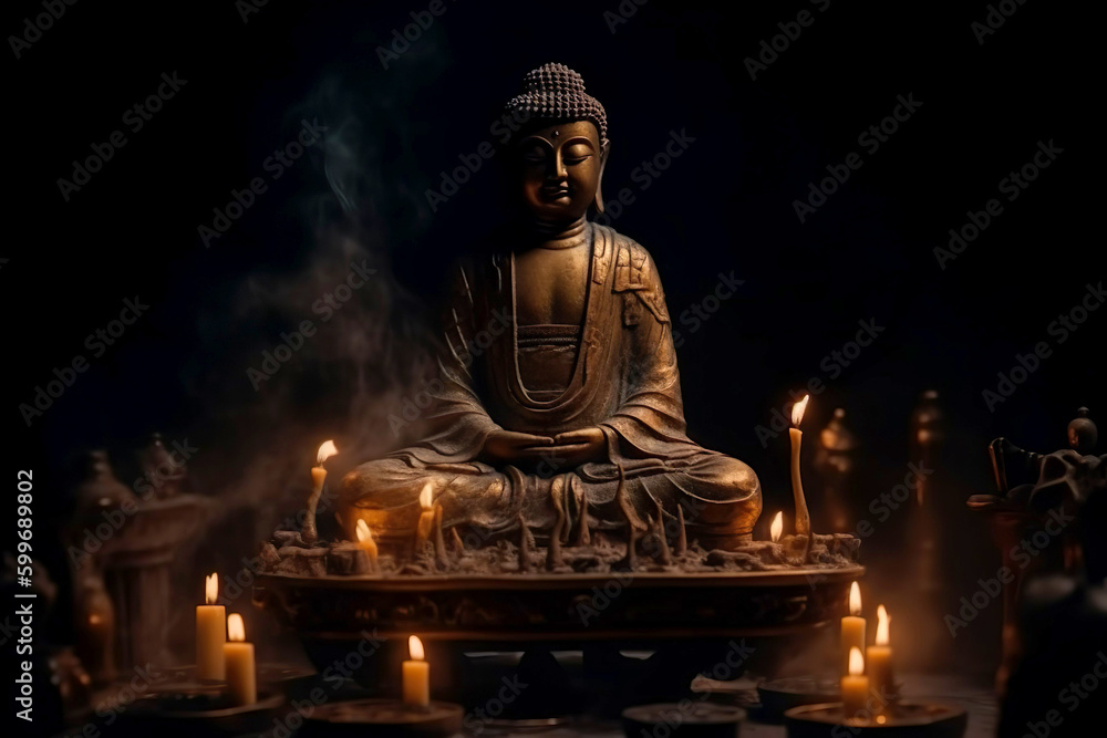 Statue of Buddha in a temple with candles burning in the dark atmosphere. Buddhism and its deities. Generative AI technology. Statue of Buddha in a temple with candles burning in the dark atmosphere. Buddhism and its deities. Generative AI technology.