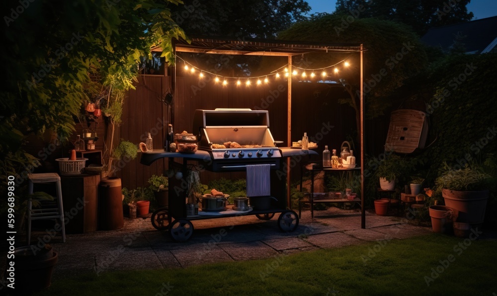 Naklejka premium an outdoor grill with lights strung over it and a grill on wheels. generative ai