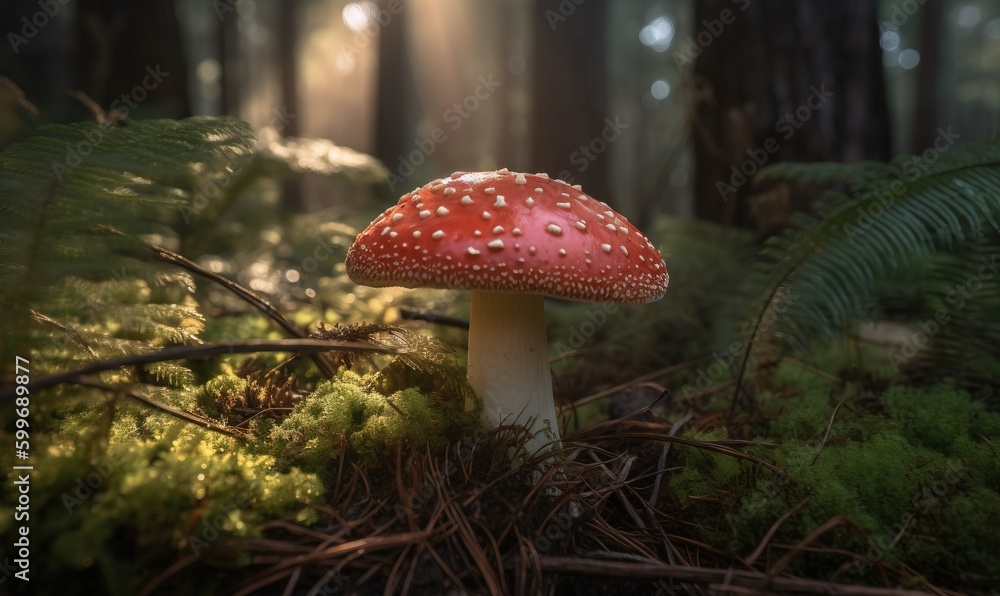 a red mushroom sitting on top of a lush green forest. generative ai a red mushroom sitting on top of a lush green forest. generative ai