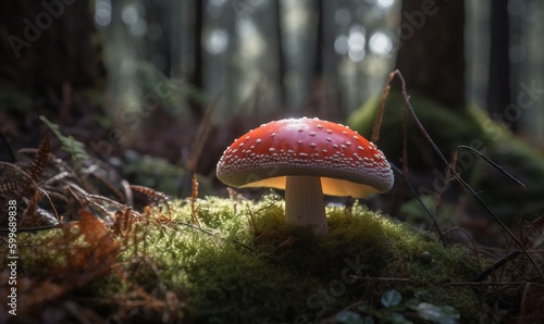  a red mushroom sitting on top of a lush green forest. generative ai