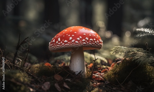  a red mushroom with white dots on it in the woods. generative ai
