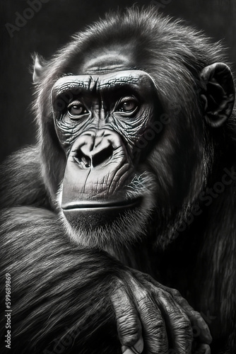 Black and white portrait of a monkey, intense and expressive, ideal to create a unique atmosphere in a composition. Generative AI