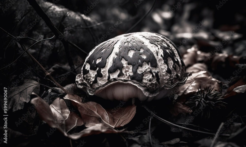  a black and white photo of a mushroom on the ground.  generative ai