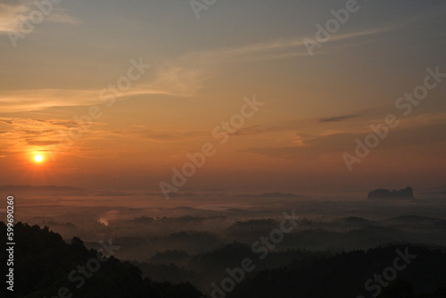 Sunrise over the mountains in Sungai Lembing, east coast of Pahang, Malaysia.