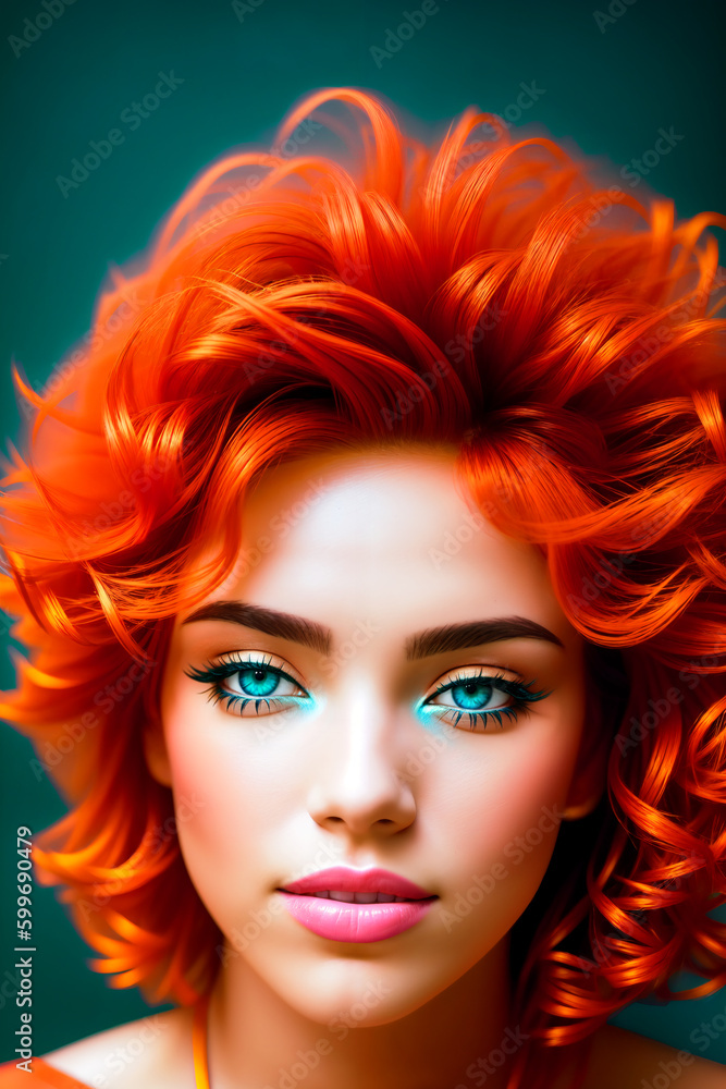 Bright portrait of a beautiful woman with bright red hair and blue eyes ...