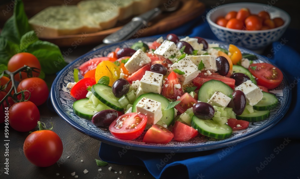 a plate of vegetables and cheese on a table with bread and tomatoes. generative ai a plate of vegetables and cheese on a table with bread and tomatoes. generative ai