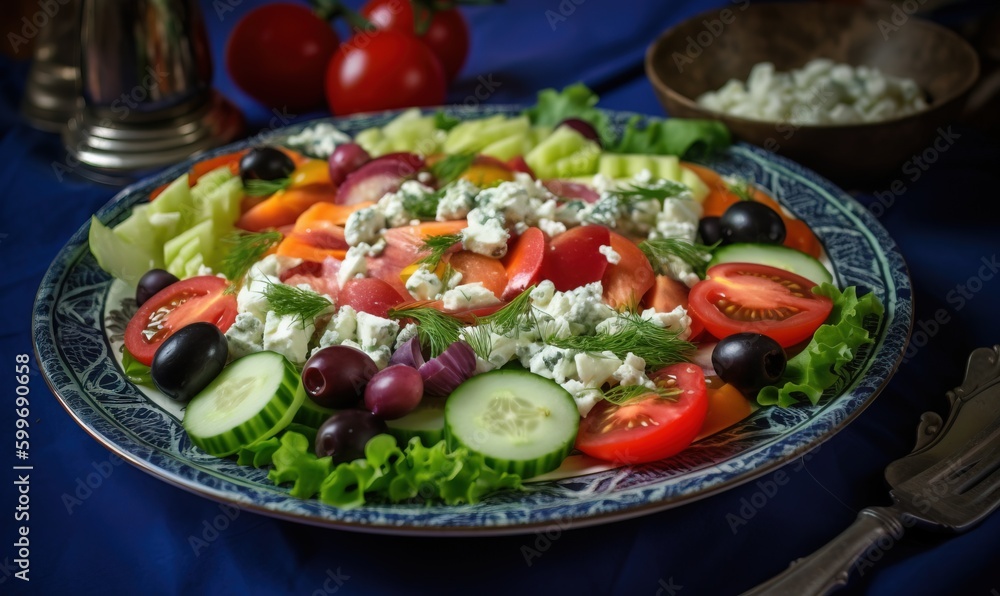  a plate of salad with cucumbers, tomatoes, olives, and feta cheese.  generative ai