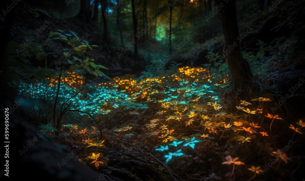 a forest filled with lots of green and yellow flowers next to trees. generative ai a forest filled with lots of green and yellow flowers next to trees. generative ai