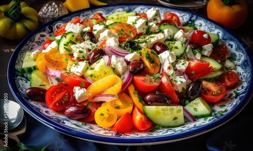  a plate of mixed vegetables with feta cheese and olives. generative ai