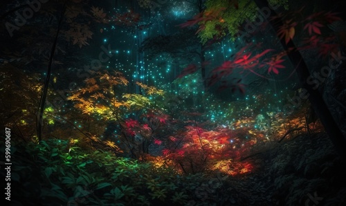  a forest filled with lots of trees and plants at night.  generative ai