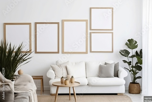 Blank picture frames mockups on a white wall. White living room design. View of modern boho-style interior with sofa, cushions, and potted palm plant through the open white door. Home staging concept