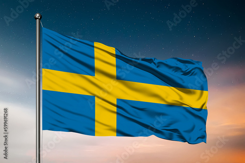 Waving flag of the Sweden. Pole Flag in the Wind. National mark. Waving Sweden Flag. Sweden Flag Flowing.