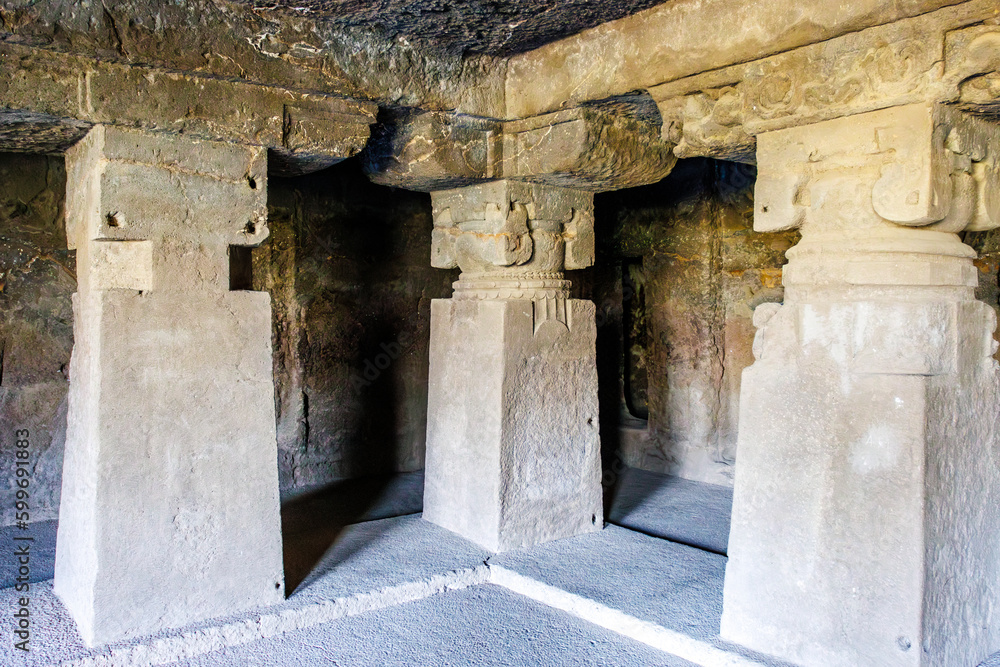 Rich decorated interior of cave 3 with Buddha statue, Ellora caves, Maharashtra, India, Asia Rich decorated interior of cave 3 with Buddha statue, Ellora caves, Maharashtra, India, Asia