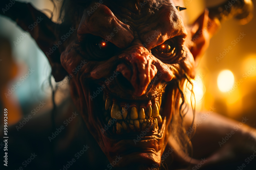 Nightmare terrifying face devil head with wrinkles and fangs teeth