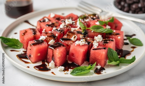  a plate of watermelon with mint and chocolate sauce. generative ai